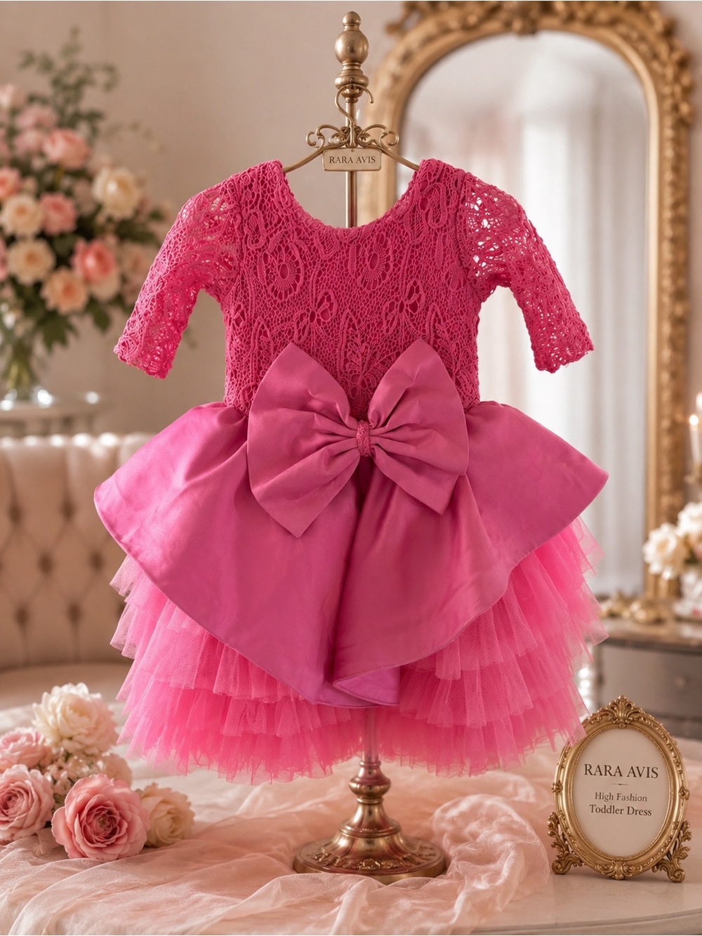 Rara Avis Toddler Girls' Handmade Pink Lace Bow Tulle Party Dress 3T Dainty